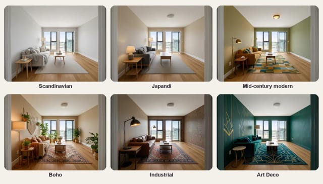 The same living room in Scandinavian, Japandi, mid-century modern, boho, industrial and Art Deco styles