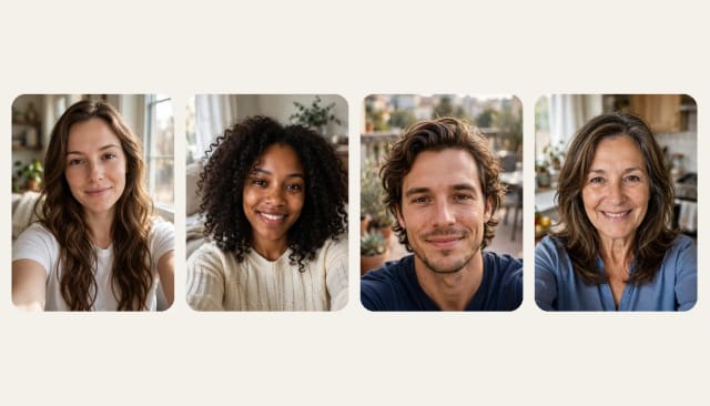 Vier Selfies, die gut funktionieren: Gesicht und Haare sichtbar, nah aufgenommen, natürliches Licht