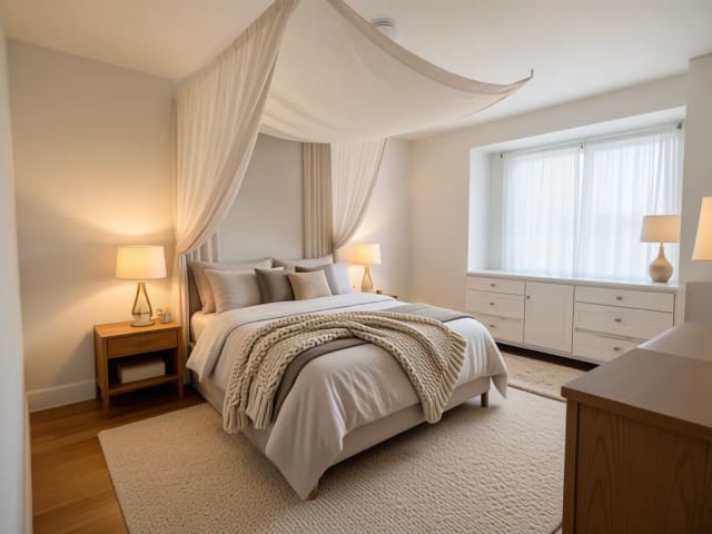 Ein leeres Schlafzimmer als Elternschlafzimmer im Hygge-Stil, mit einem Leinenhimmel über dem Bett
