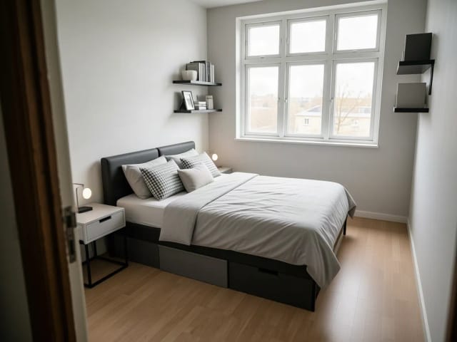 Ein kleines Schlafzimmer mit dem Bett an der Wand, Stauraum unterm Bett und Wandregalen