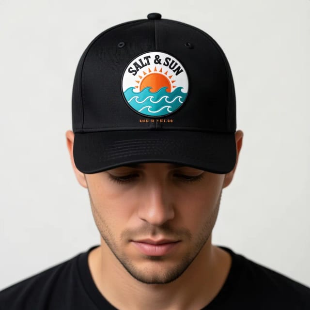 Cap-Mockup mit dem Beispieldesign Salt & Sun vorne auf der Kappe