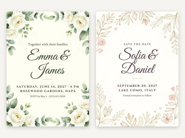 A wedding invitation for Emma and James next to a save the date for Sofia and Daniel