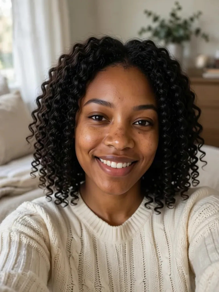 A woman with black curly hair with defined bouncy curls, made with the AI hairstyle changer