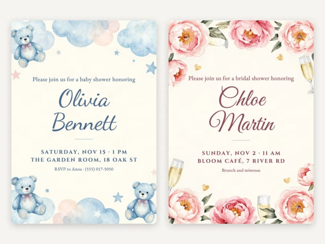 A baby shower invitation with teddy bears next to a bridal shower invitation with peonies