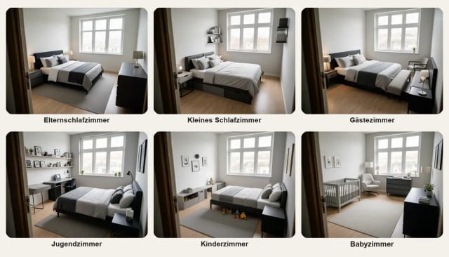 Dasselbe Schlafzimmer als Elternschlafzimmer, kleines Schlafzimmer, Gästezimmer, Jugendzimmer, Kinderzimmer und Babyzimmer