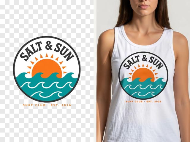 Das Beispieldesign Salt & Sun als transparentes PNG neben dem Mockup auf einem weißen Tanktop