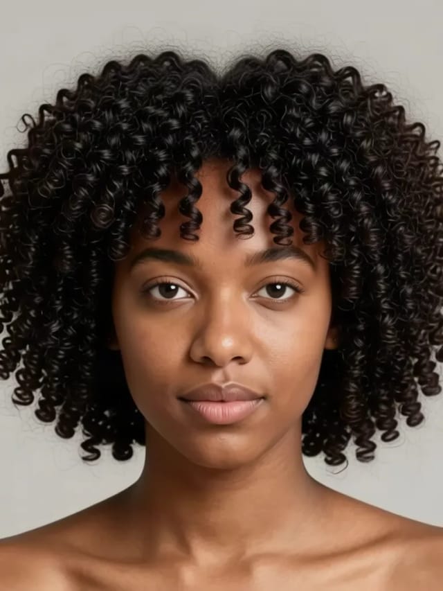 A young woman with natural coily hair with curls with a curly fringe, made with the AI hairstyle changer