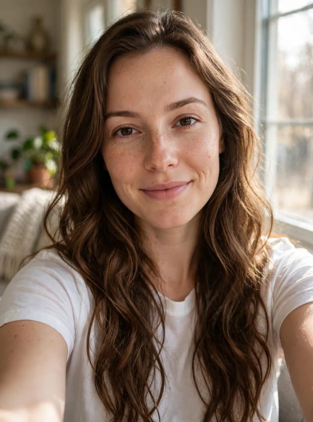 Original-Selfie einer Frau mit langen, welligen braunen Haaren