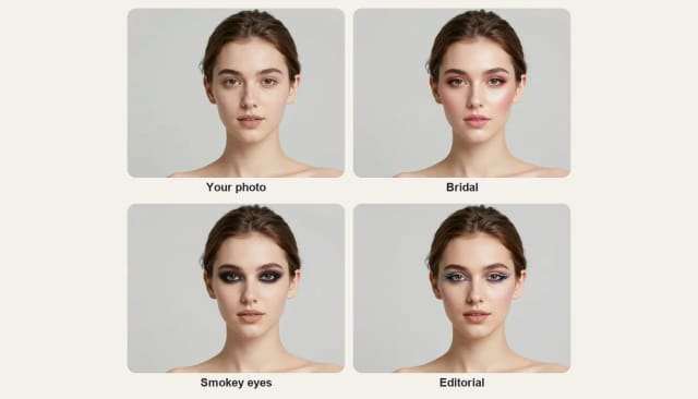 A photo of a young woman without makeup and the same woman with bridal, smokey eye and editorial makeup
