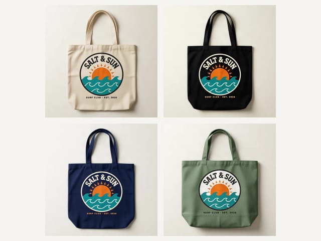 The same tote bag in natural canvas, black and navy (with the light version of the logo) and sage green