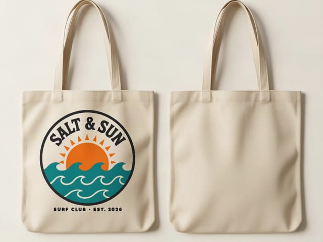 Front and back tote bag mockup: the design on one bag and the plain back on the other