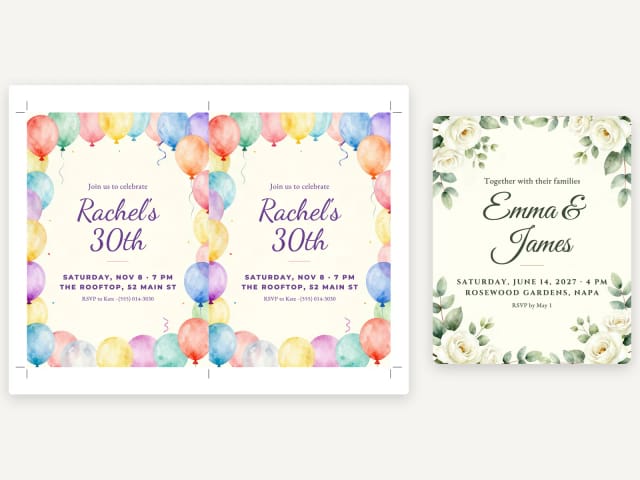 A printable sheet with two birthday invitations and crop marks, next to a wedding eCard