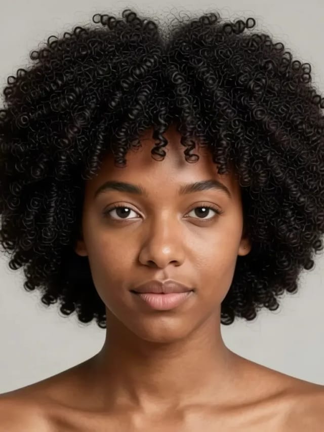 A young woman with natural coily hair with a full rounded afro, made with the AI hairstyle changer