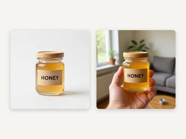 A product photo of a jar of honey next to the same jar held in a hand at home, with the label unchanged