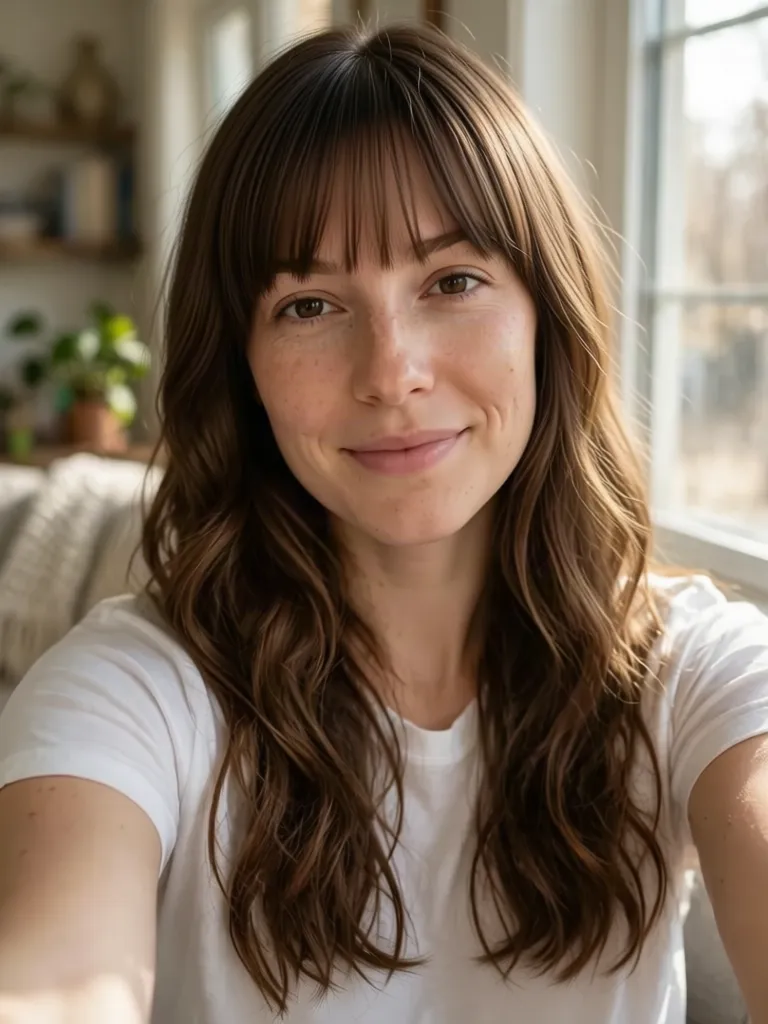 A woman with brown hair with straight bangs on long wavy hair, made with the AI hairstyle changer