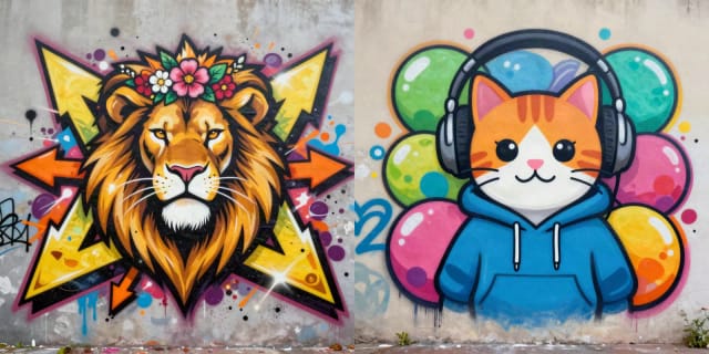 KI-Graffiti-Kunst aus einer Idee: ein Löwe mit einer Blumenkrone und eine Katze im Hoodie mit Kopfhörern, an Wände gemalt