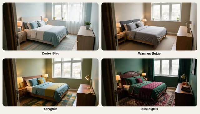 Dasselbe Schlafzimmer mit zartblauen, warm beigen, olivgrünen und dunkelgrünen Wänden