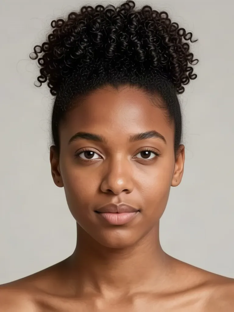 A young woman with natural coily hair with a high curly puff, made with the AI hairstyle changer