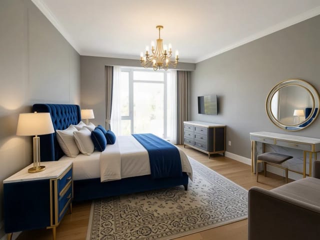 Ein leeres Schlafzimmer im luxuriösen Stil, mit Schminktisch, rundem Spiegel und Hocker