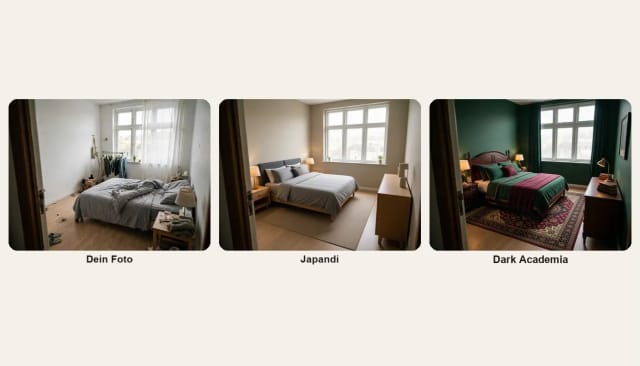 Ein unordentliches Schlafzimmer, dasselbe im Japandi-Stil und im Dark-Academia-Stil
