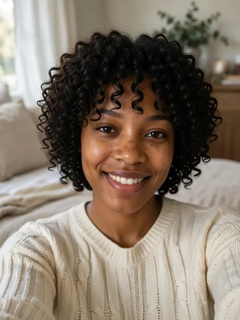 A woman with black curly hair with a curly shag, made with the AI hairstyle changer