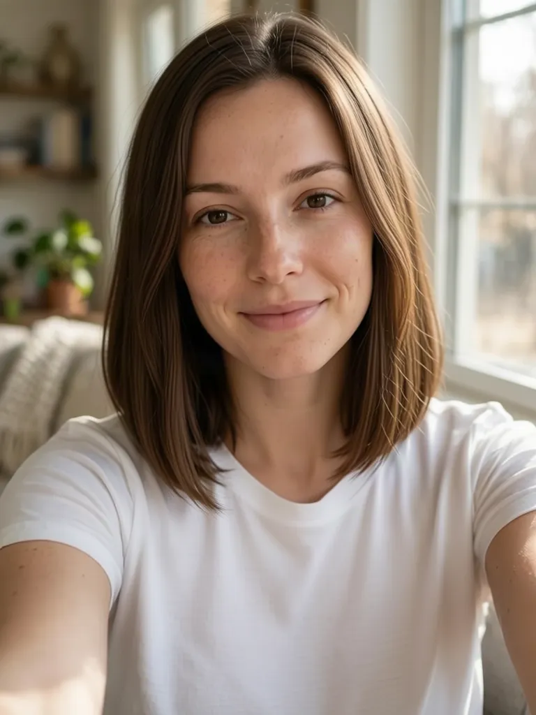 A woman with brown hair with a lob just above the shoulders, made with the AI hairstyle changer