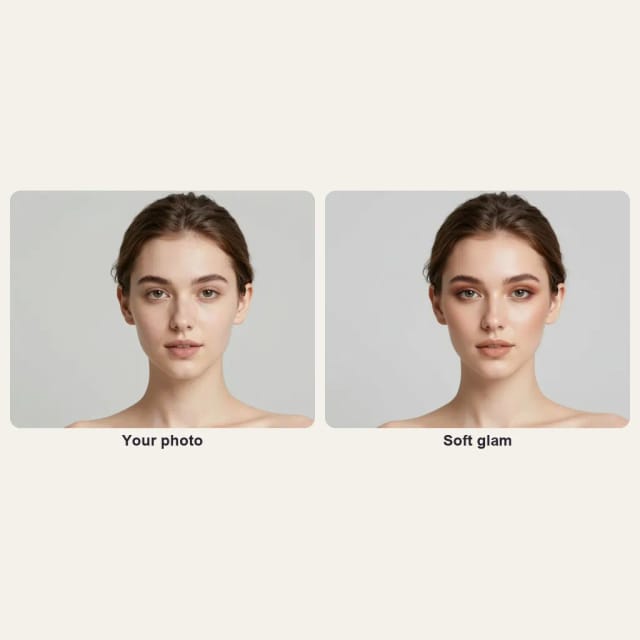 A photo of a young woman without makeup and the same woman with soft glam makeup