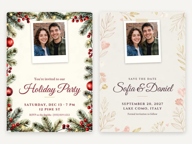 A holiday party invitation and a save the date, each with a couple photo in a frame