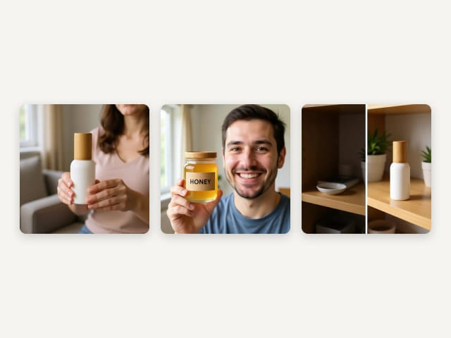 Three UGC-style photos: a white bottle held at home, a jar of honey held up by a smiling man and a before and after shelf