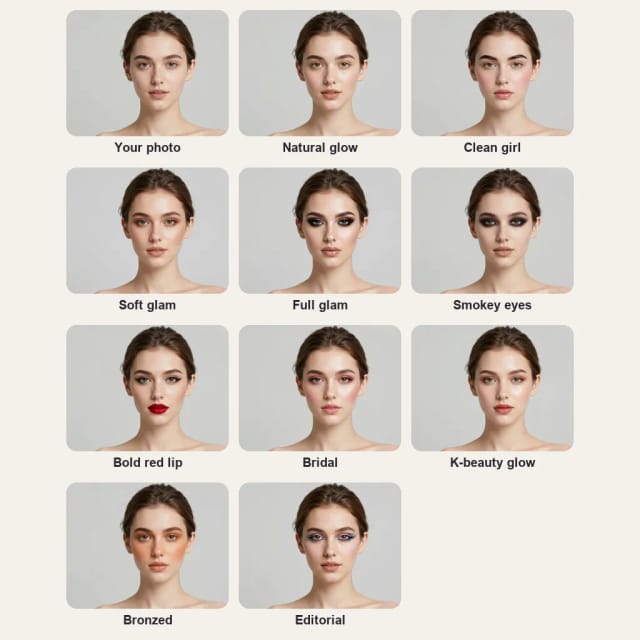 The same young woman without makeup and in ten makeup looks: Natural glow, Clean girl, Soft glam, Full glam, Smokey eyes, Bold red lip, Bridal, K-beauty glow, Bronzed and Editorial