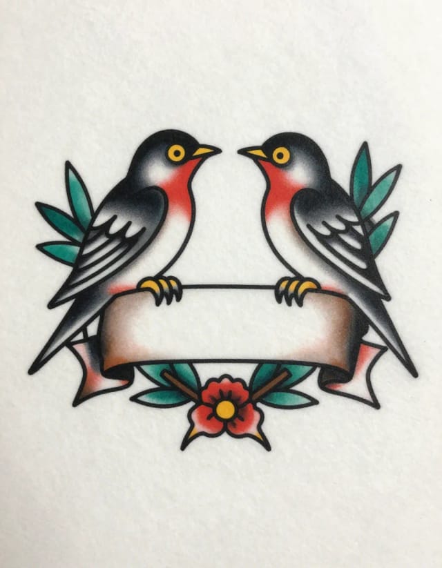 Two swallows & banner