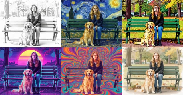 The same photo of a woman and a golden retriever on a park bench as a pencil drawing, a Van Gogh painting, pop art, synthwave, psychedelic art and a watercolor