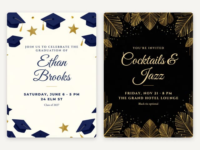 A graduation invitation and a black and gold cocktail party invitation with their wording