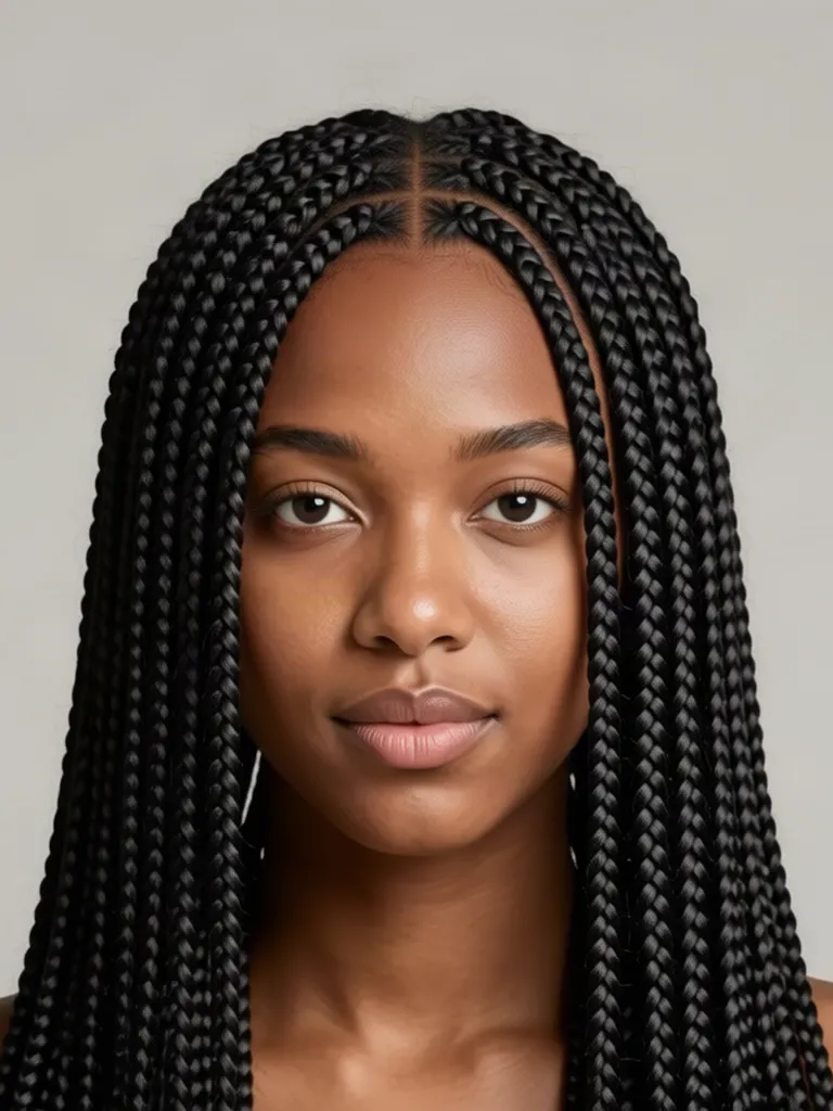 A young woman with natural coily hair with long box braids, made with the AI hairstyle changer