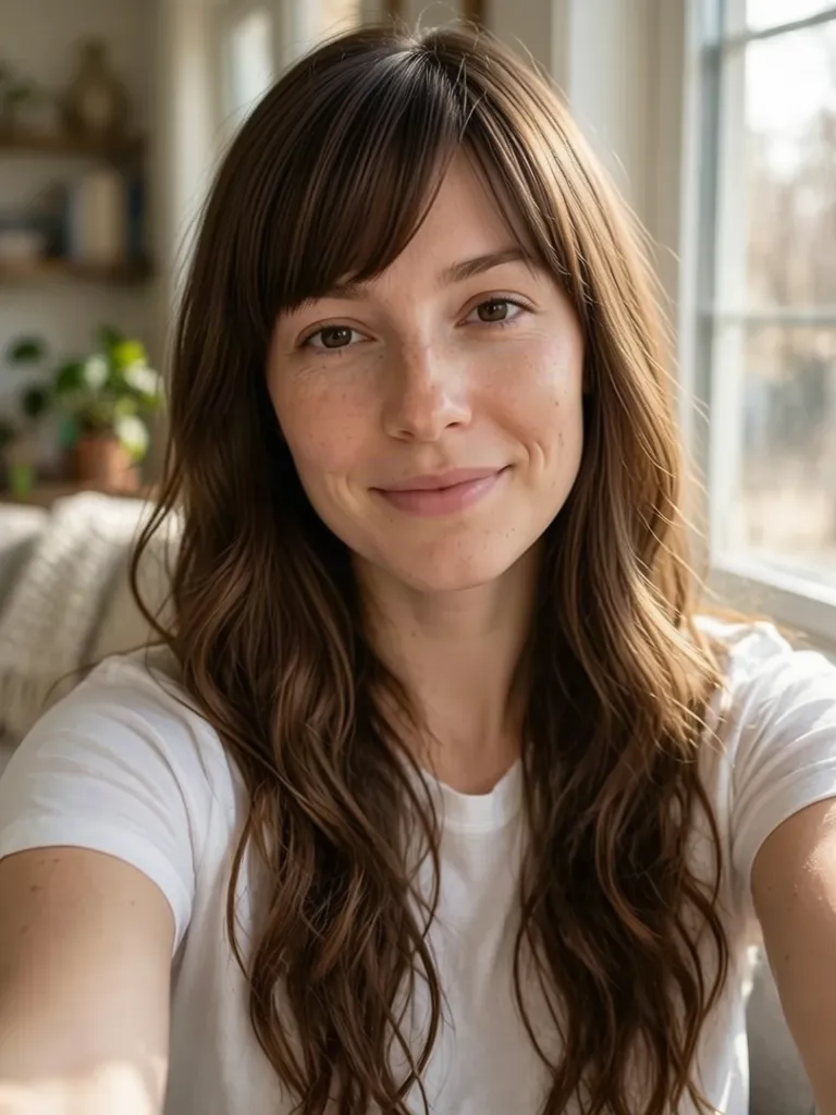 A woman with brown hair with side-swept bangs, made with the AI hairstyle changer