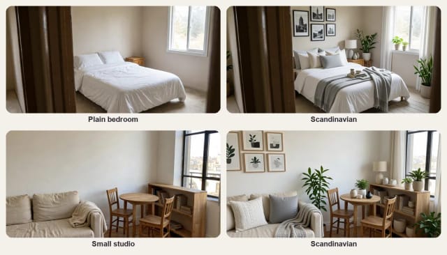 A plain bedroom and a small studio, before and after decorating with textiles, plants and lamps