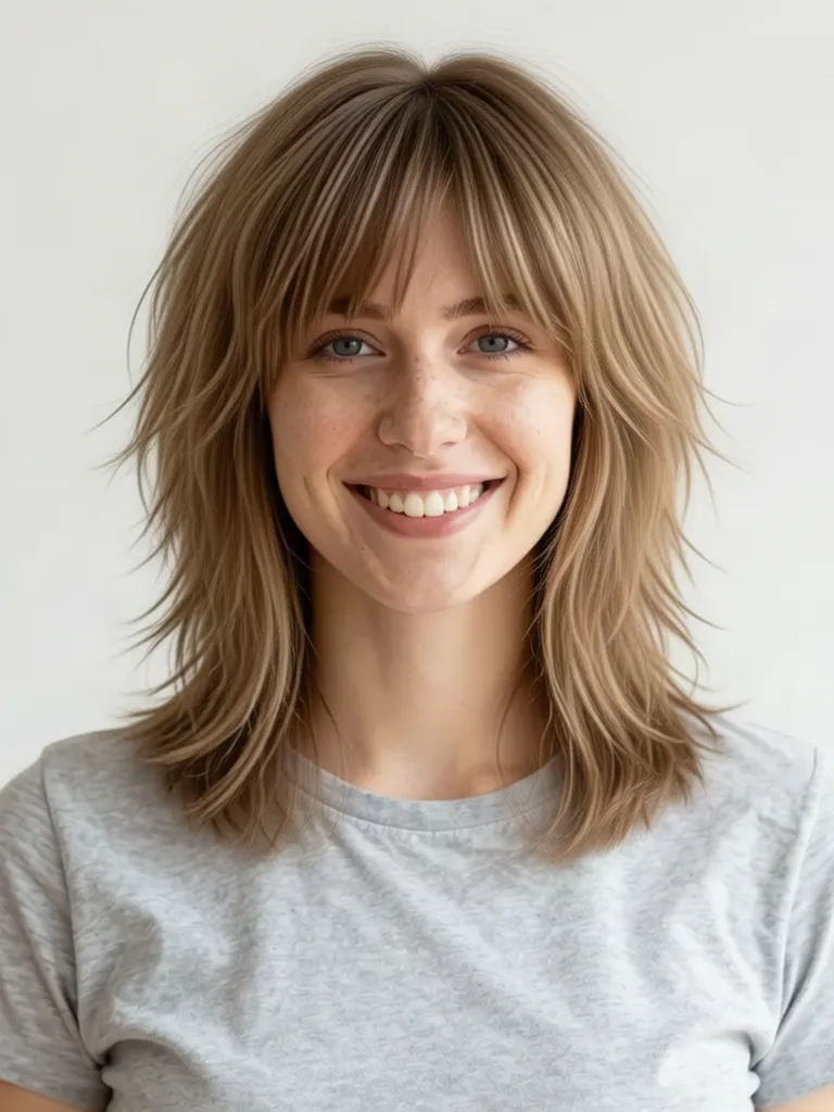 A young woman with light brown hair with a shag with full choppy bangs, made with the AI hairstyle changer
