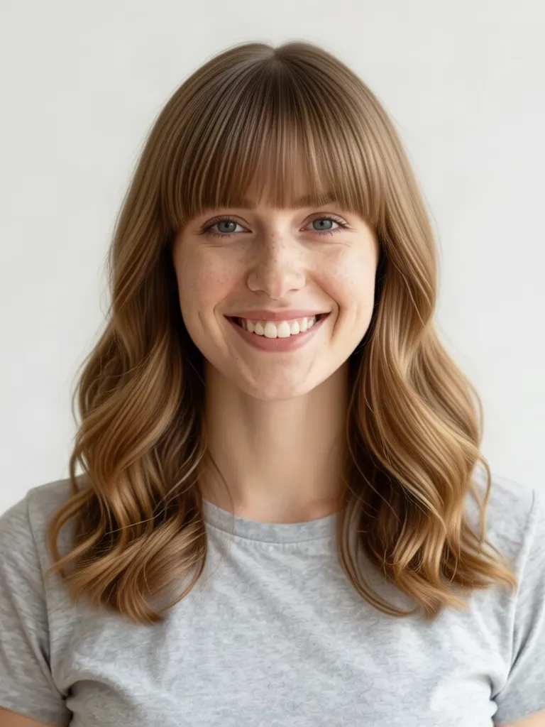 A young woman with light brown hair with long wavy hair with full bangs, made with the AI hairstyle changer