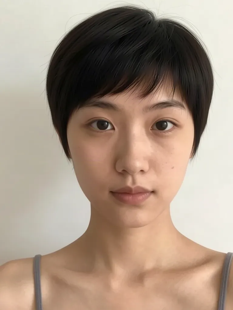 A young woman with black hair with a bixie, between a pixie and a bob, made with the AI hairstyle changer