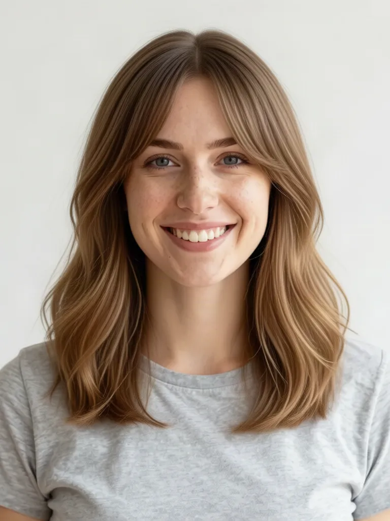 A young woman with light brown hair with curtain bangs on long hair, made with the AI hairstyle changer