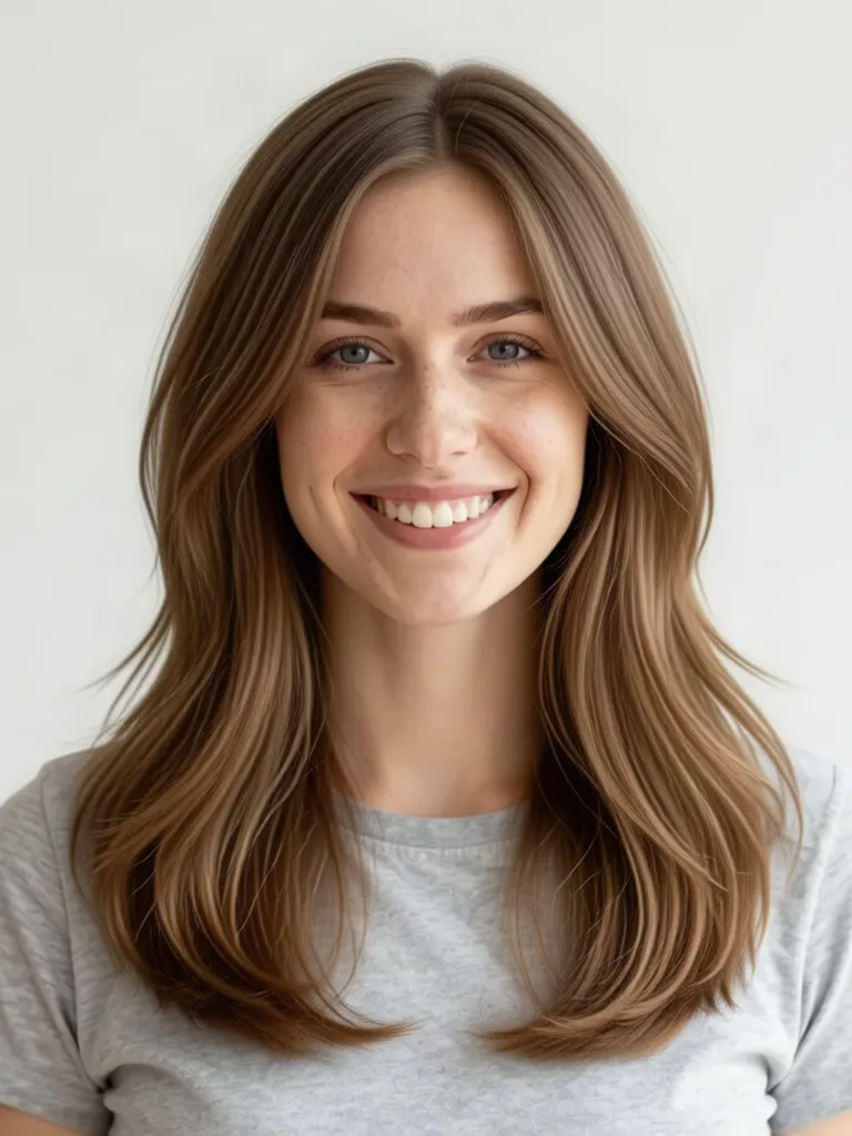 A young woman with light brown hair with a butterfly cut with face-framing layers, made with the AI hairstyle changer