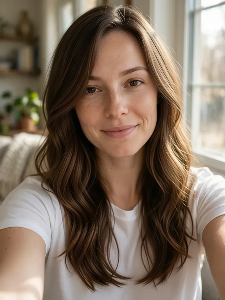 A woman with brown hair with long hair with a deep side part, made with the AI hairstyle changer