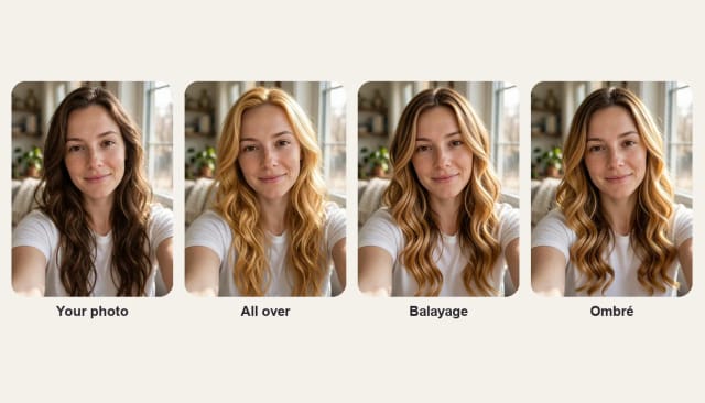 The same woman with her own brown hair, honey blonde all over, a honey balayage and a honey ombré