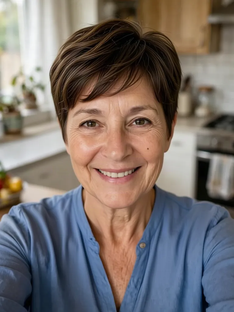 An older woman with dark brown hair with a short pixie cut, made with the AI hairstyle changer