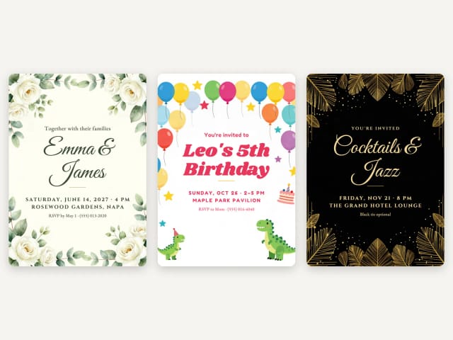 Three invitation styles: wedding, kids party and elegant party