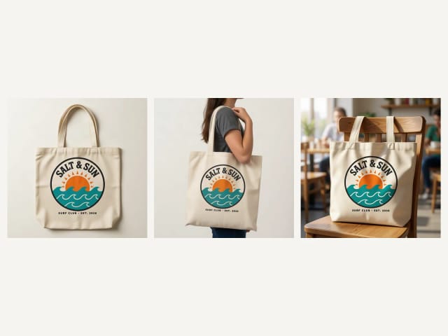 The same tote bag flat, on a woman’s shoulder and in a café