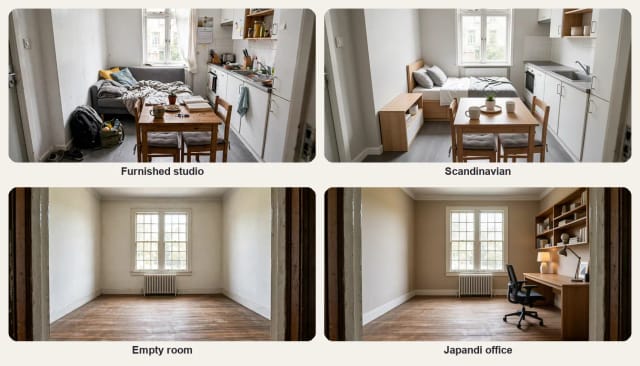 A cluttered studio redesigned in Scandinavian style with its kitchen kept in place, and an empty room furnished as a Japandi home office