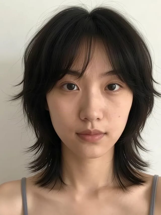 A young woman with black hair with a choppy shag with feathered ends, made with the AI hairstyle changer