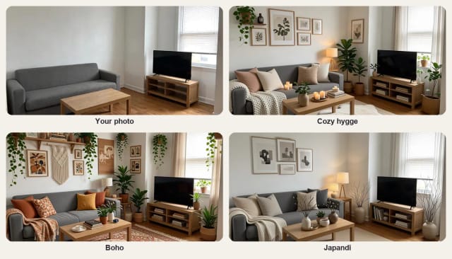 A plain living room and the same room decorated in cozy hygge, boho and Japandi styles, with the same sofa and table