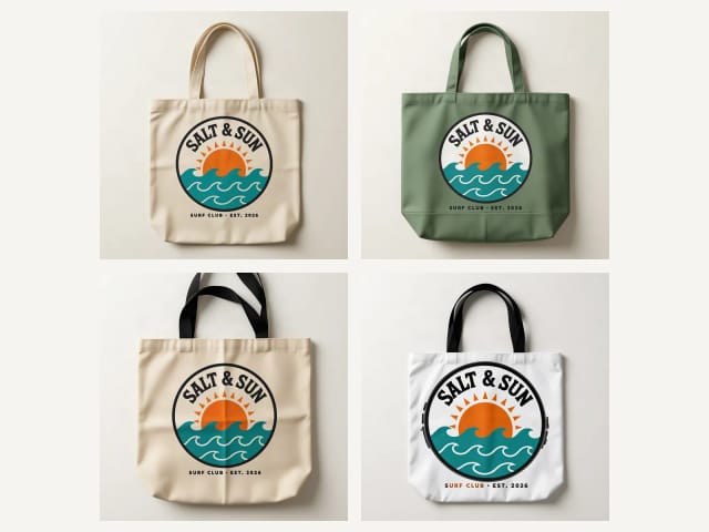 The same design on a classic tote, a boxy tote, a black-handle tote and an all-over print tote